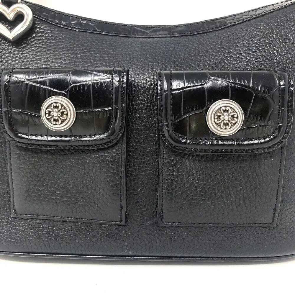 Brighton Pebbled Leather Hobo Shoulder Bag Black Y2k Croc Embossed Queen of Love